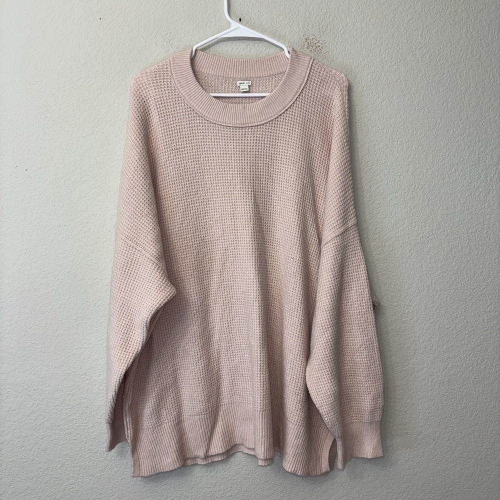 Aerie Oversized Waffle Knit Crew Neck Sweater Women's Size XL Pink Pullover